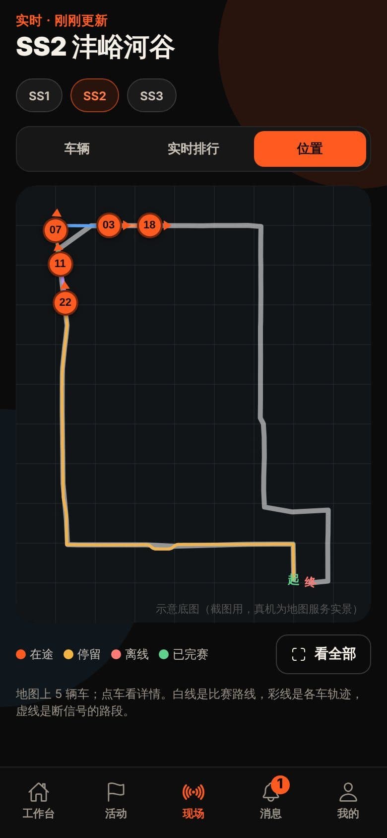 途野纪运营 App：现场地图上的车辆位置